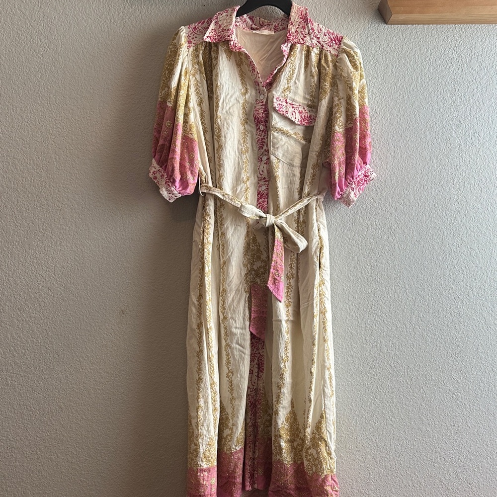 entro Cream and Pink Long Sleeve Maxi Dress with Belt